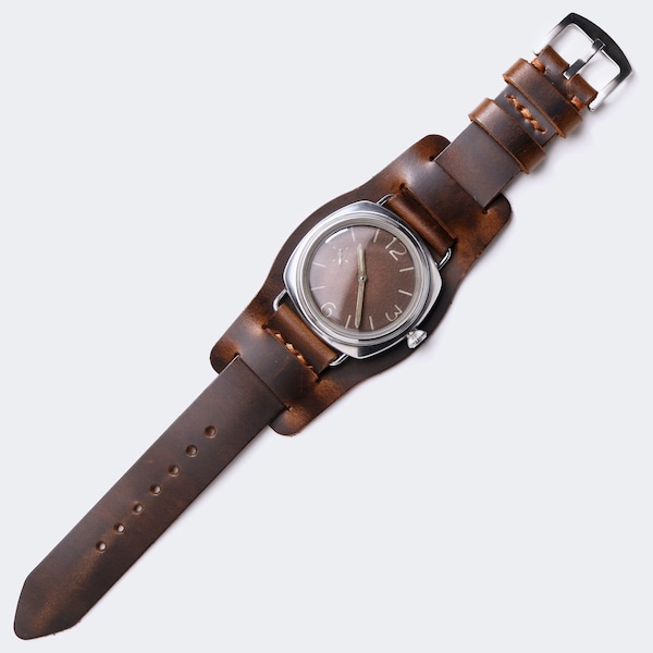 Leather Bund Watch Strap / Military Watch Strap / 20mm, 22 mm, 24mm / Brown Leather Bund Strap / Handmade Leather Pilot Watch Strap