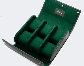 Grüne Leder Doppel-Uhren-Reise-Etui, Vollrindleder 6-Uhren-Box