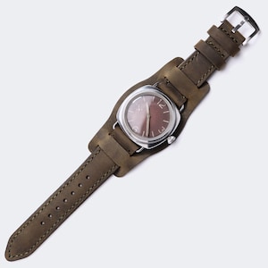 Custom-made Antique Green Leather Bund Watch Strap / Military Watch Strap / 20mm, 22 mm, 24mm / Handmade Leather Pilot Watch Strap