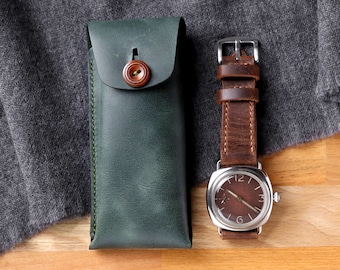 Leather Watch Pouch / Watch Storage / Handmade Leather Watch Strap Case / Black, Emerald, Tobacco, Gray Leather Watch Protector / Mens Gift