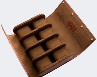 Tabak Leder Reiseetui für 8 Uhren, Uhrenrolle aus Vollleder