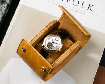 Mustard Leather Travel Watch Case / Single Watch Roll / Travel Watch Box / Luxury Leather Watch Case for Single Watch / Gift For Groom