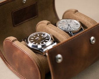 Tobacco Leather Double Watch Travel Case, Full-Grain Calfskin