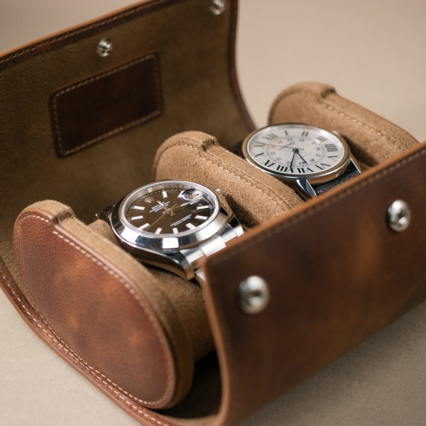 Tabak Leder Reise Uhrenetui für 2 / Doppel Uhrenrolle / Reise Uhrenetui / Luxus Leder Uhrenetui für zwei Uhren / Bräutigam Geschenk