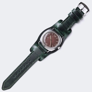 Custom-made Forest Green Leather Bund Watch Strap / Military Watch Strap / 20mm, 22 mm, 24mm / Handmade Leather Pilot Watch Strap