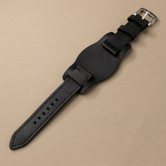 ハンドメイドブラックレザーバンドウォッチストラップ、ミリタリー