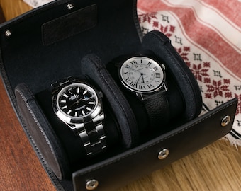 Full-Grain Leather Double Watch Travel Case, Soft Microfiber Interior