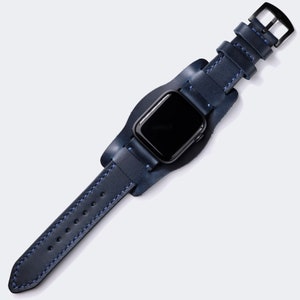 Custommade Apple Watch Bund Strap / Military Watch Strap / Indigo Blue Leather Bund Strap / Handmade Pilot Watch Strap / i watch 7, 6, SE, 3