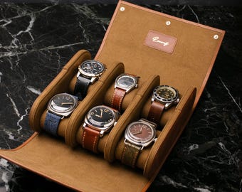 Uhrenrolle mit 6 Fächern aus dunkelbraunem Leder