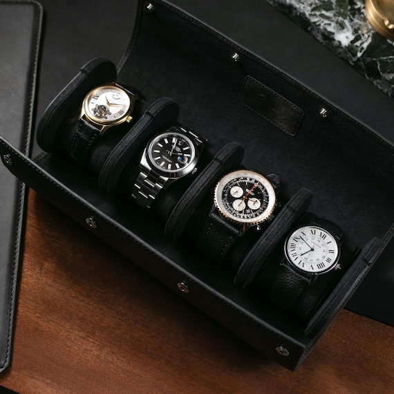 Full-Grain Leather 4-Slot Travel Watch Case, Groom Gift