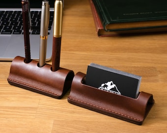 Pen and Business Card Leather Stands - Set of 2 / Personalized Leather Pen Stand / Desk Organizer / Desk organization with leather stands