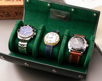 Smaragd Leder 3-Uhren Reise Etui, Luxus Uhrenrolle