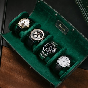 Custodia per orologio da viaggio in pelle verde / Rotolo per orologio quadruplo / Scatola per orologio da viaggio / Custodia per orologio in pelle di lusso per quattro orologi / Regalo per lo sposo