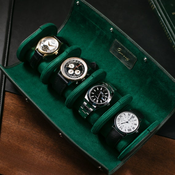 Green Leather Four Watch Roll: Luxury Travel Watch Case - Etsy
