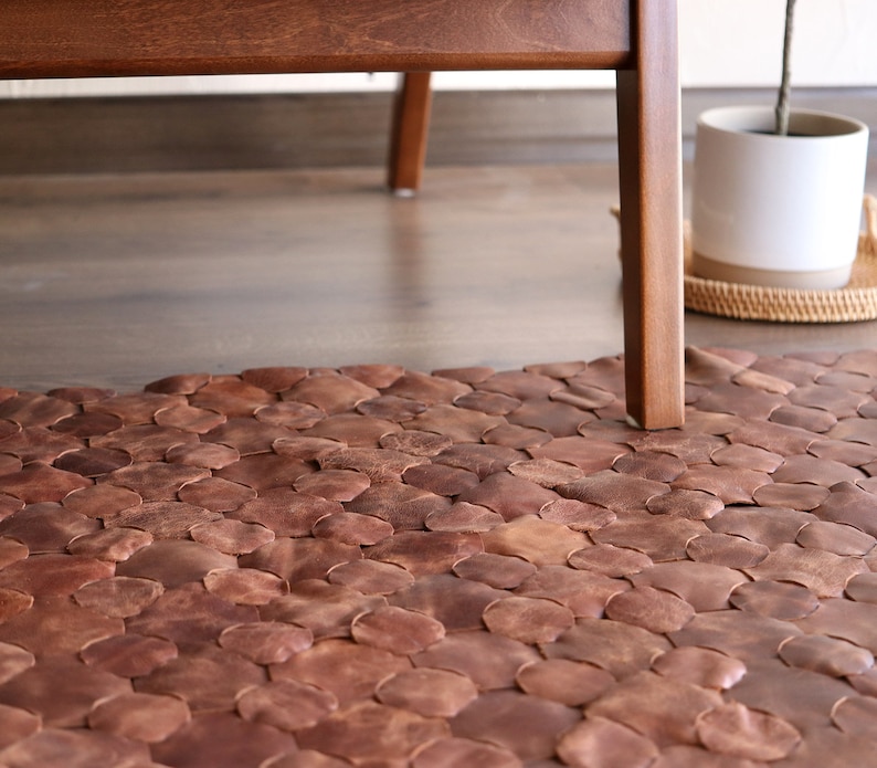 Handwoven Leather Rug, Patchwork Knit, Boho Style Leather Carpet image 2