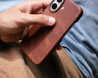 Personalisierte Vollnarbenleder iPhone 16 Hülle: Schlanke, stilvolle Rückseite