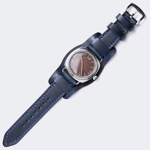 Custom-made Indigo Blue Leather Bund Watch Strap / Military Watch Strap / 20mm, 22 mm, 24mm / Handmade Leather Pilot Watch Strap