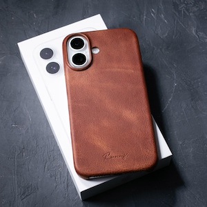 Leren iPhone 16 Pro-hoes / Gepersonaliseerde leren iPhone 16-hoes / Gepersonaliseerd cadeau-idee / iPhone-backcase