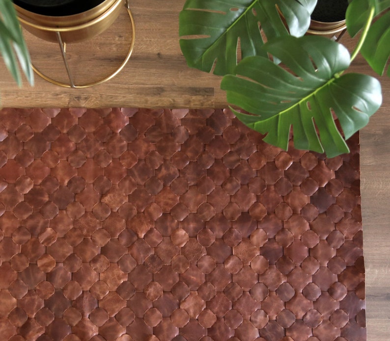 Handwoven Leather Rug, Patchwork Knit, Boho Style Leather Carpet image 3