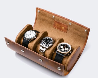 Tobacco Leather Travel Watch Case for 3 / Triple Watch Roll / Travel Watch Box / Luxury Leather Watch Case for Three Watch / Groom Gift