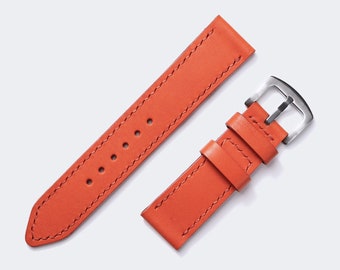 VegTan Leder Uhrenarmband / Orange Lederarmband nach Maß / Handgenähtes Bifold Uhrenarmband 26mm 24mm 22mm 20mm Armband