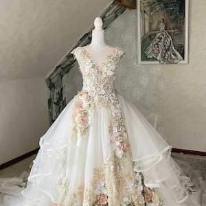 Off White Fairytale Wedding Dress With Golden Embroidery and Roses