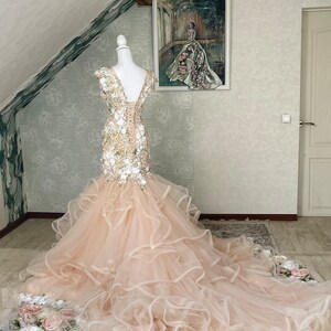 Puede incluir: Un vestido de novia de tul rosa claro con un corpi&ntilde;o ajustado y una falda completa. El corpi&ntilde;o est&aacute; adornado con delicados apliques florales y la falda presenta capas de volantes de tul. El vestido est&aacute; acentuado con una cola y un dise&ntilde;o floral alrededor del dobladillo.
