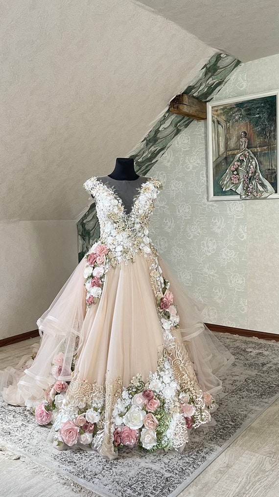 Ivory/blush Pink Bridal Floral Dress Inga Ezergale Design Rose