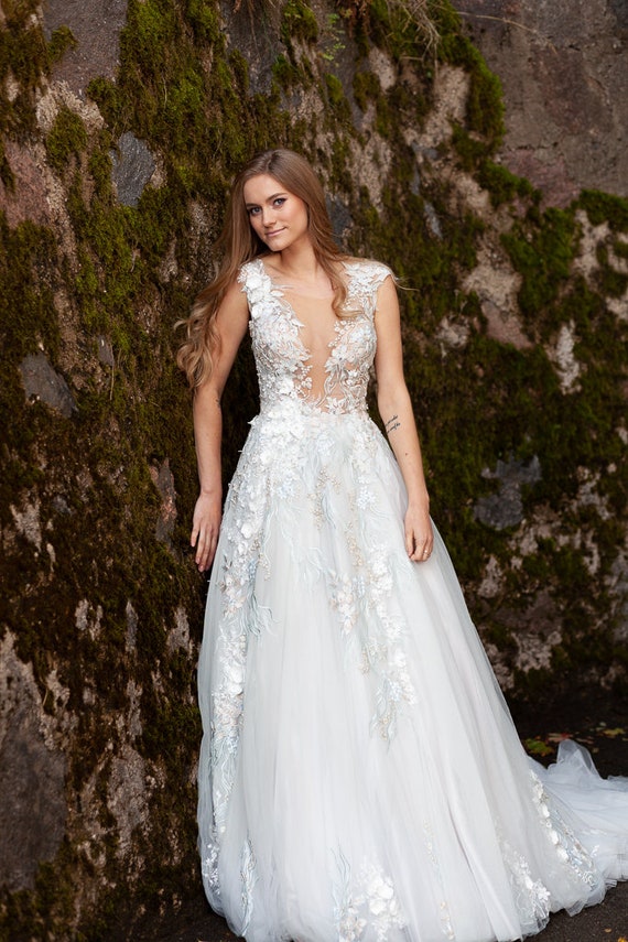 Light Grey Flower Wedding Dress Inga Ezergale Design Forest Etsy