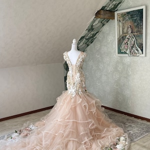 Puede incluir: Un vestido de novia de tul rosa claro con un corpi&ntilde;o ajustado y una falda completa. El corpi&ntilde;o est&aacute; adornado con delicados apliques florales y lentejuelas. La falda presenta m&uacute;ltiples capas de tul y una cola larga.