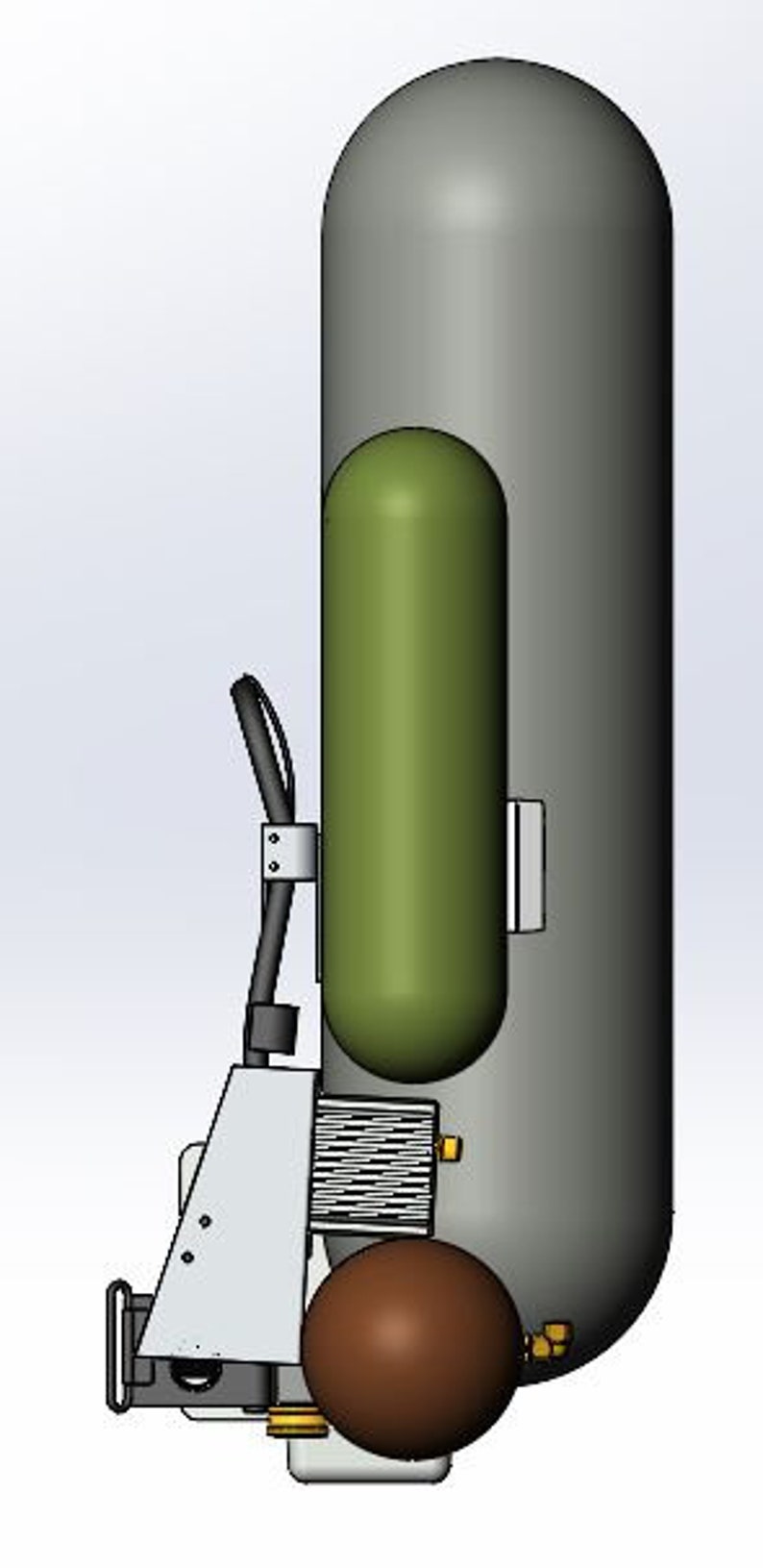 K&ouml;nnte beinhalten: Ein grauer und gr&uuml;ner Tauchflasche mit einem braunen Gewicht, das am Boden befestigt ist. Die Flasche hat einen schwarzen Schlauch und eine silberne Halterung.