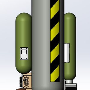 K&ouml;nnte beinhalten: Ein grauer, gr&uuml;ner und brauner Luftkompressor mit einem gelben und schwarzen Warnschild mit Streifen. Der Kompressor hat drei Tanks und einen runden braunen Tank unten.