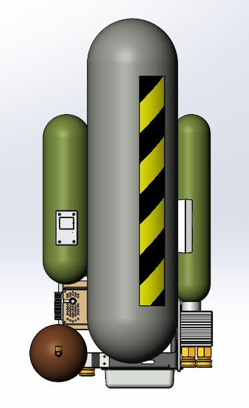 K&ouml;nnte beinhalten: Ein grauer, gr&uuml;ner und brauner Luftkompressor mit einem gelben und schwarzen Warnschild mit Streifen. Der Kompressor hat drei Tanks und einen runden braunen Tank unten.