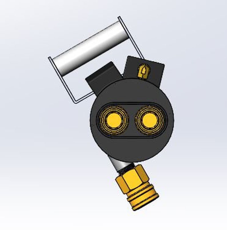 K&ouml;nnte beinhalten: Eine schwarze und goldene handgef&uuml;hrte Betonschleifmaschine mit zwei gelben Schleifscheiben und einem Griff. Die Schleifmaschine hat einen Schlauchanschluss an der Unterseite.