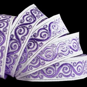 10 m Galon médiéval brodé jacquard largeur 35 mm / 22mm V7 lilas / blanc