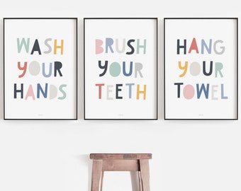 Bathroom Art Set, Kids Bathroom Set, Kids Bathroom Rules, Wash Your Hands, Brush Your Teeth, Hang Your Towel, Bathroom Wall Art Printable