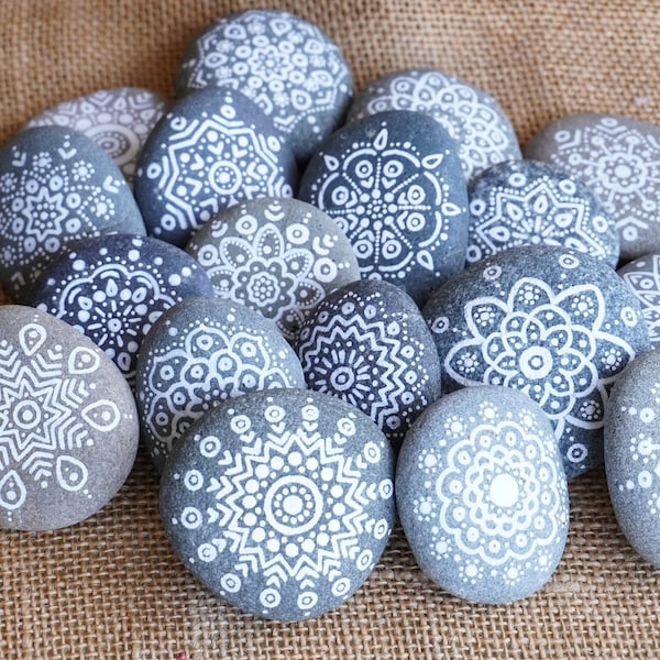 Mandala Stones - hand-painted pebble mandala dot art, hand painted rocks, original zen home decor, meditation stone, buddhist gift