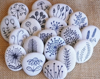 Painted Stones - Sea Pebbles with Nature Designs, white black, floral motifs, flowers, plants, original home decor, meditation stones