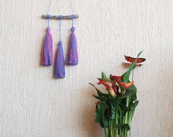 Tassel Wall Hanging - Tassel Macrame Wall Art, Yarn Garland, Yarn Wall Hanging, Boho Tassel Mobile, Bright Pink and Purple Home Decor