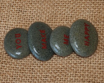 Set of 4 Pebbles - Inspiration, Motivation, Message, Wish, word Pocket Stones - Hand Painted Sea Pebbles - You Make Me Happy