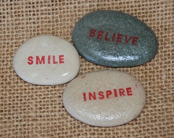 Set of 3 Pebbles - Inspiration, Motivation, Message, Wish, word Pocket Stones - Hand Painted Sea Pebbles - Smile, Believe, Inspire