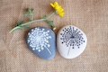2 Painted Stones, Black & White Flower Dandelion - Pebbles with Nature Designs, floral motifs rock, wild flowers, dandelion, home decor rock product logo