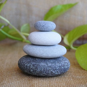 4 Round Stackable Stones - Zen Meditation Yoga Rocks, Cairn Balancing Stacking Sculpture Mood Stones, Flat Beach Pebble Rock, Home Decor