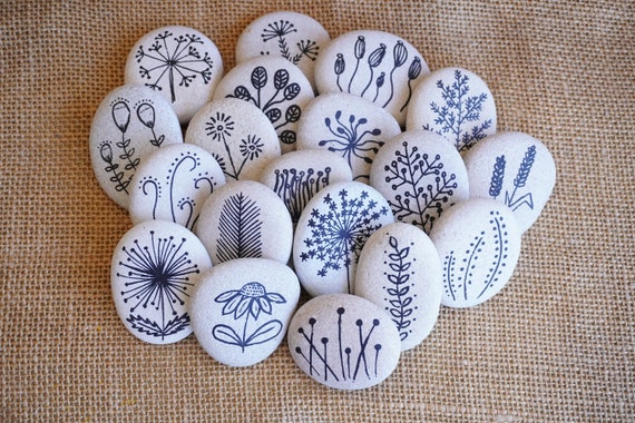 Painted Stones Sea Pebbles With Nature Designs, White Black