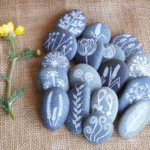 Painted Stones Gray Sea Pebbles Art Nature Designs White - Etsy