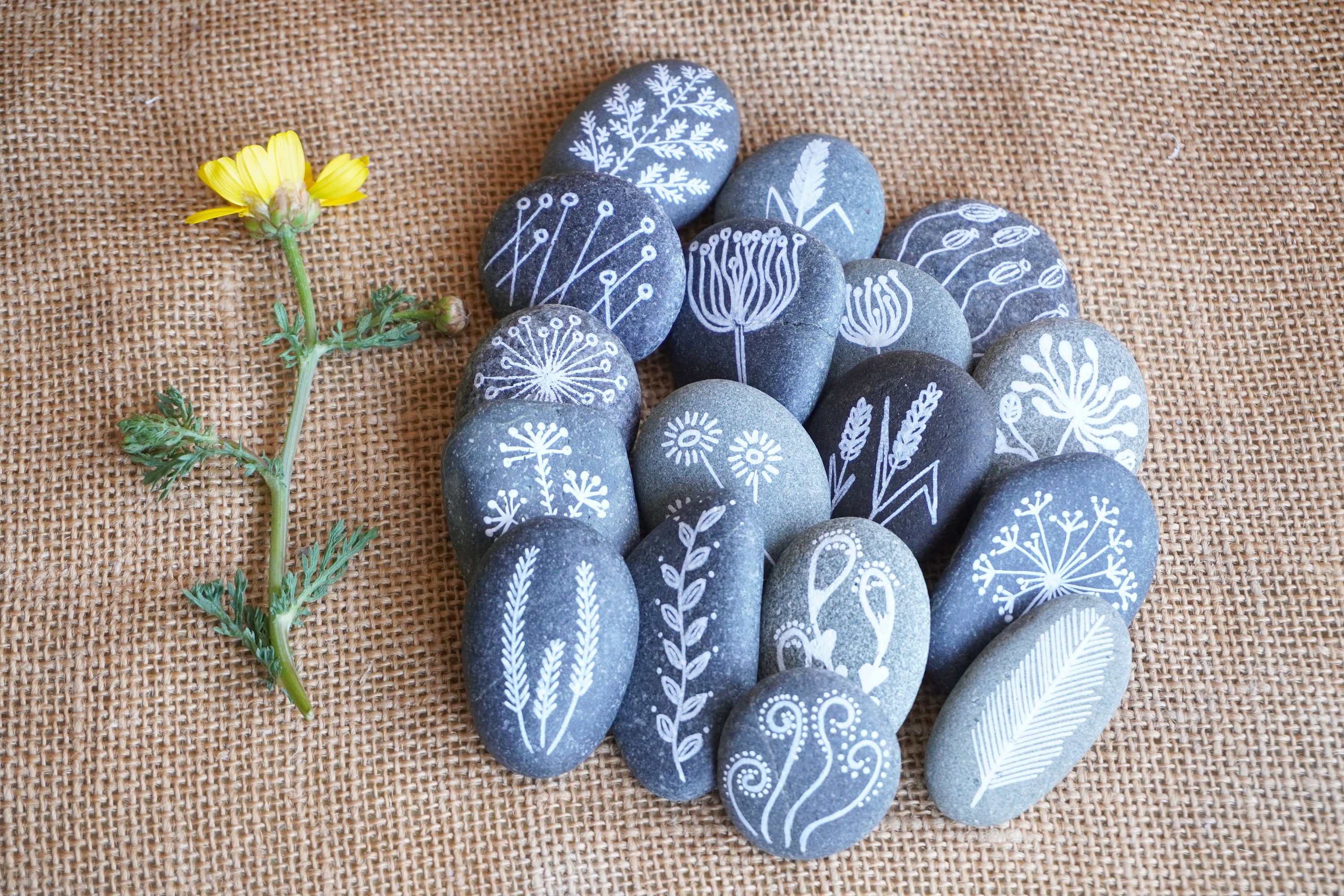 Painted Stones Sea Pebbles With Nature Designs, White Black