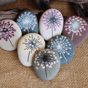 Painted Stone, Dandelion - Pebbles with Nature Designs, floral motifs rock, flowers, plants, home decor, meditation mandala stones, dot art