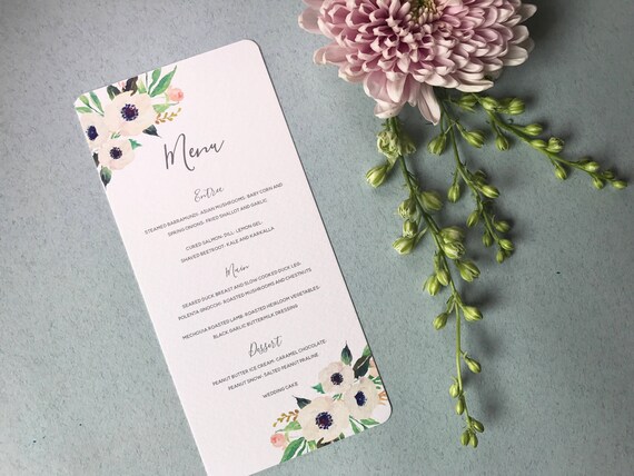 Pastel Floral Wedding Menu Grey Calligraphy Wedding Menu Etsy