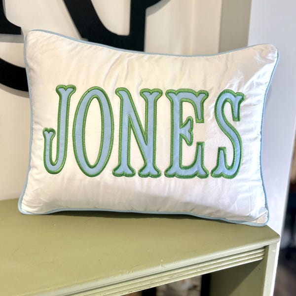 Embroidered Name Pillowcase, Baby Boy Nursery Decor, Cotton Keepsake - Light blue and green