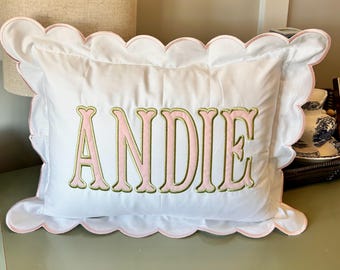 Embroidered Name Pillowcase, Baby Girl Nursery Decor, Scalloped Cotton - light pink and light green